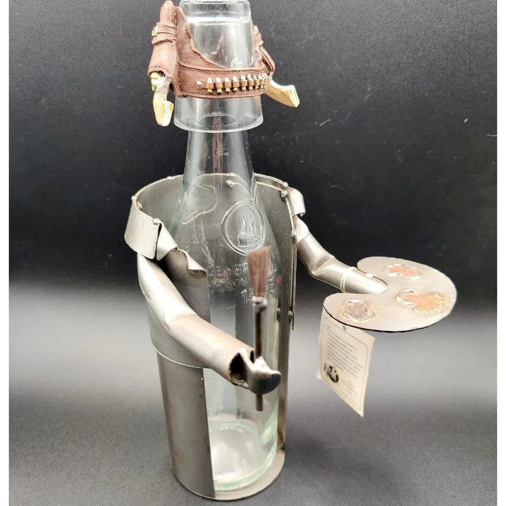 Wine Bottle Holder H&K Steel Sculpture Barbeque Cowboy & Shot Glass Holster